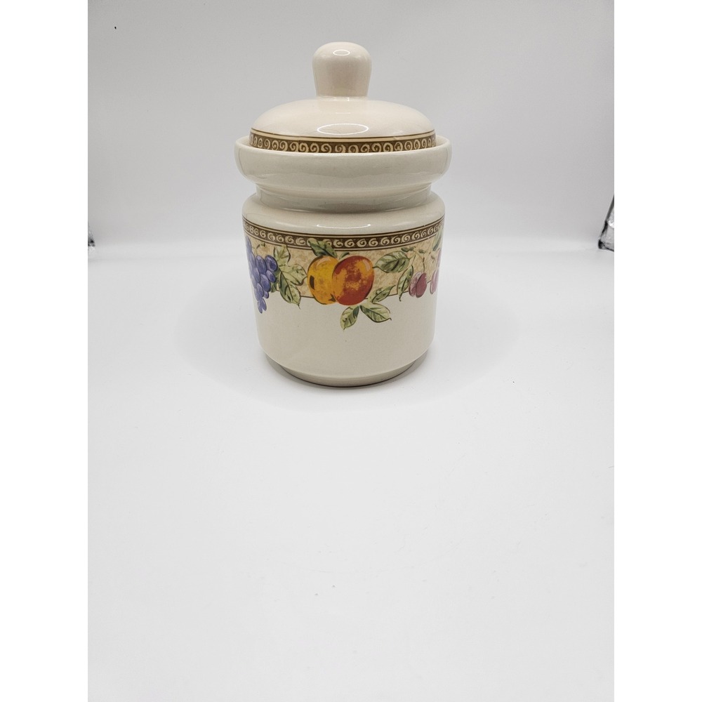 Gibson Everyday Fruit Ceramic Canister Small Jar with Lid Grapes Peaches Cream